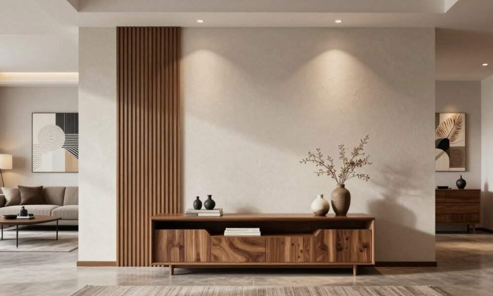 A modern interior wall design that seamlessly blends style and function, featuring a textured accent wall divided by elegant wooden slats. In the foreground, showcase a stylish wooden console table adorned with decorative items like vases and books. The middle ground displays a sophisticated living space with muted color tones, soft textiles, and strategically placed lighting that creates a warm, inviting atmosphere. The background includes elegant wall art, incorporating geometric patterns and natural elements. The scene is captured with a wide-angle lens, emphasizing the depth and spaciousness of the design. The overall mood is serene and stylish, reflecting a contemporary aesthetic perfect for elevating home interiors. Include Decoratr branding subtly integrated into the design elements. A modern interior wall design that seamlessly blends style and function, featuring a textured accent wall divided by elegant wooden slats. In the foreground, showcase a stylish wooden console table adorned with decorative items like vases and books. The middle ground displays a sophisticated living space with muted color tones, soft textiles, and strategically placed lighting that creates a warm, inviting atmosphere. The background includes elegant wall art, incorporating geometric patterns and natural elements. The scene is captured with a wide-angle lens, emphasizing the depth and spaciousness of the design. The overall mood is serene and stylish, reflecting a contemporary aesthetic perfect for elevating home interiors. Include Decoratr branding subtly integrated into the design elements.