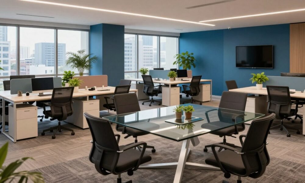 A modern office design showcasing a spacious, well-lit workspace featuring sleek furniture and vibrant decor. In the foreground, a stylish conference table made of glass surrounded by ergonomic chairs in professional business attire. In the middle, open workstations with minimalist desks, potted plants for a touch of nature, and modern technology seamlessly integrated. The background displays large windows with a cityscape view, allowing natural light to flood the space. Soft ambient lighting complements the warm, inviting atmosphere. The overall color palette includes cool blues and earthy tones, creating a balance of professionalism and creativity. The brand name "Decoratr" subtly integrated into the scene as a part of the design. Shot at an eye-level angle, capturing the essence of contemporary office trends we deliver across India.