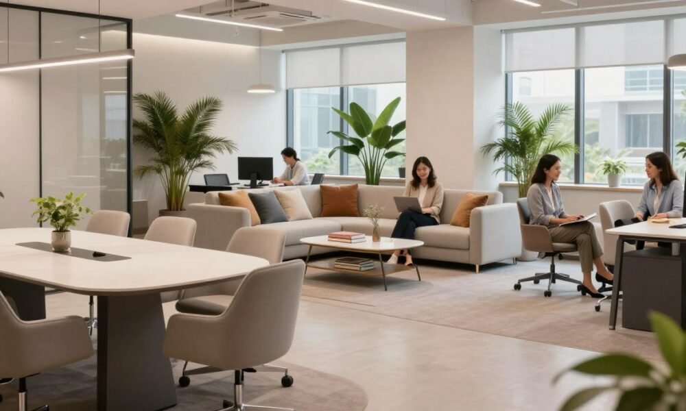 A modern office interior showcasing a transformational workspace designed by Decoratr. In the foreground, a stylish meeting area with a sleek, oval table surrounded by comfortable, ergonomic chairs, all in soft, neutral colors. In the middle, an inviting lounge space featuring a contemporary sofa adorned with plush cushions, alongside a small coffee table with inspirational design books. The background displays large windows with natural light flooding in, highlighting greenery outside while fresh indoor plants add warmth to the space. The atmosphere is professional yet cozy, with an emphasis on collaboration and creativity. Soft, diffused lighting creates an inviting ambiance. The scene captures the essence of satisfied clients enjoying their revitalized work environment, embodying a balance between functionality and comfort.