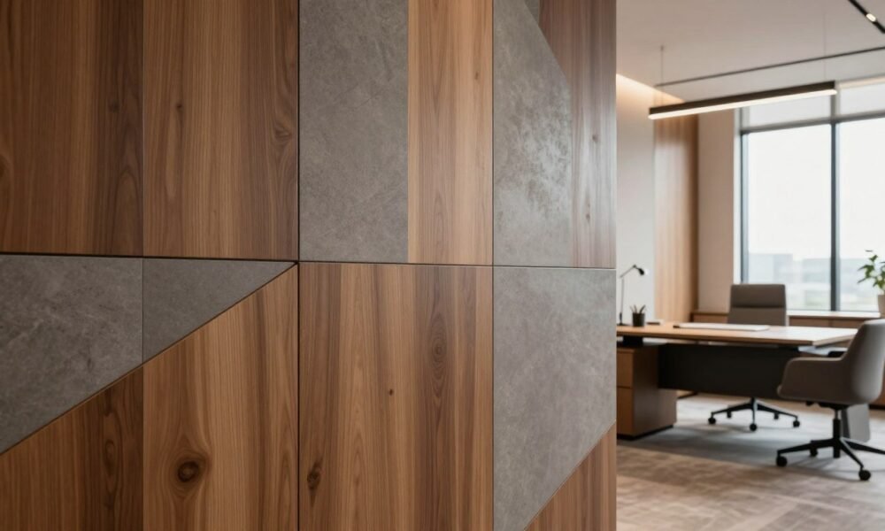 A modern office space featuring stylish wall panels designed by Decoratr. The foreground showcases sleek, textured wall panels in rich wood and soft gray tones, arranged in a geometric pattern. In the middle ground, an elegant office desk with minimalistic accessories complements the wall design, along with a tasteful chair in a muted color. The background highlights large windows allowing natural light to illuminate the space, enhancing the warm ambiance. The scene conveys a professional yet inviting atmosphere, ideal for productivity and creativity. The lighting is soft and diffuse, evoking a calm and inspiring mood. The angle captures the entire wall panel design, showcasing the harmony between the elements in this chic workspace. A modern office space featuring stylish wall panels designed by Decoratr. The foreground showcases sleek, textured wall panels in rich wood and soft gray tones, arranged in a geometric pattern. In the middle ground, an elegant office desk with minimalistic accessories complements the wall design, along with a tasteful chair in a muted color. The background highlights large windows allowing natural light to illuminate the space, enhancing the warm ambiance. The scene conveys a professional yet inviting atmosphere, ideal for productivity and creativity. The lighting is soft and diffuse, evoking a calm and inspiring mood. The angle captures the entire wall panel design, showcasing the harmony between the elements in this chic workspace.