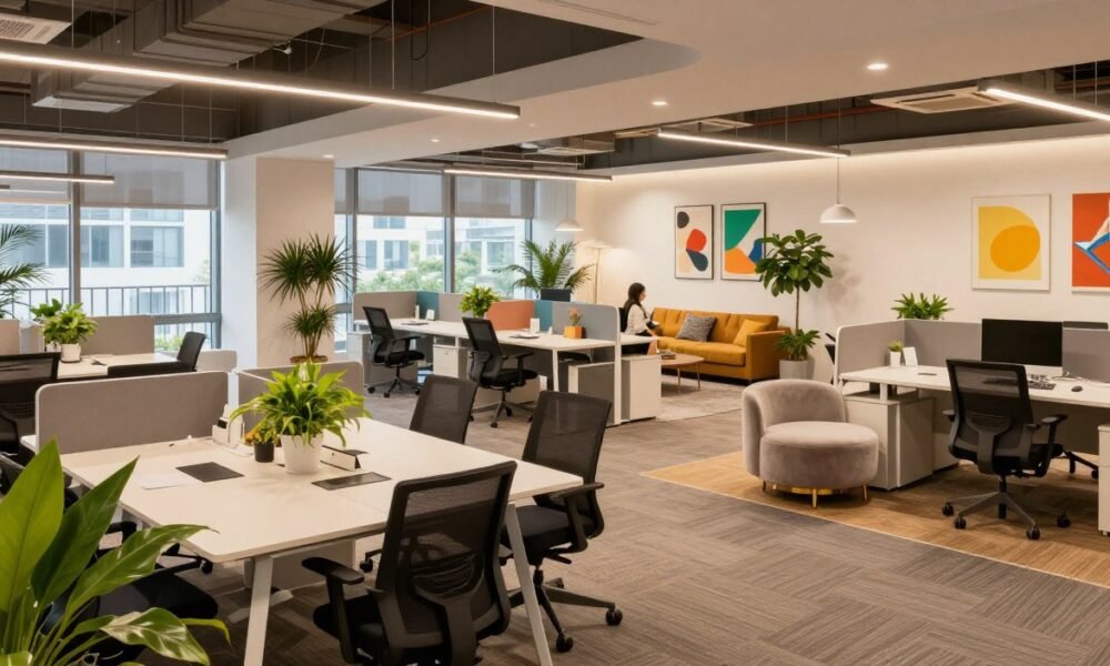 A modern office space planning scene showcasing a vibrant, collaborative workspace designed by Decoratr. In the foreground, a sleek conference table with comfortable, ergonomic chairs surrounded by lush indoor plants. The middle ground displays an open layout featuring flexible workstations with stylish dividers, a cozy lounge area with contemporary furniture, and colorful artwork on the walls. The background reveals large windows allowing natural light to flood the space, creating a warm and inviting atmosphere. Soft, diffused lighting enhances the ambiance, while a wide-angle lens captures the essence of productivity and creativity. The overall mood is dynamic yet professional, reflecting innovative commercial office interior design strategies that transform workspaces.