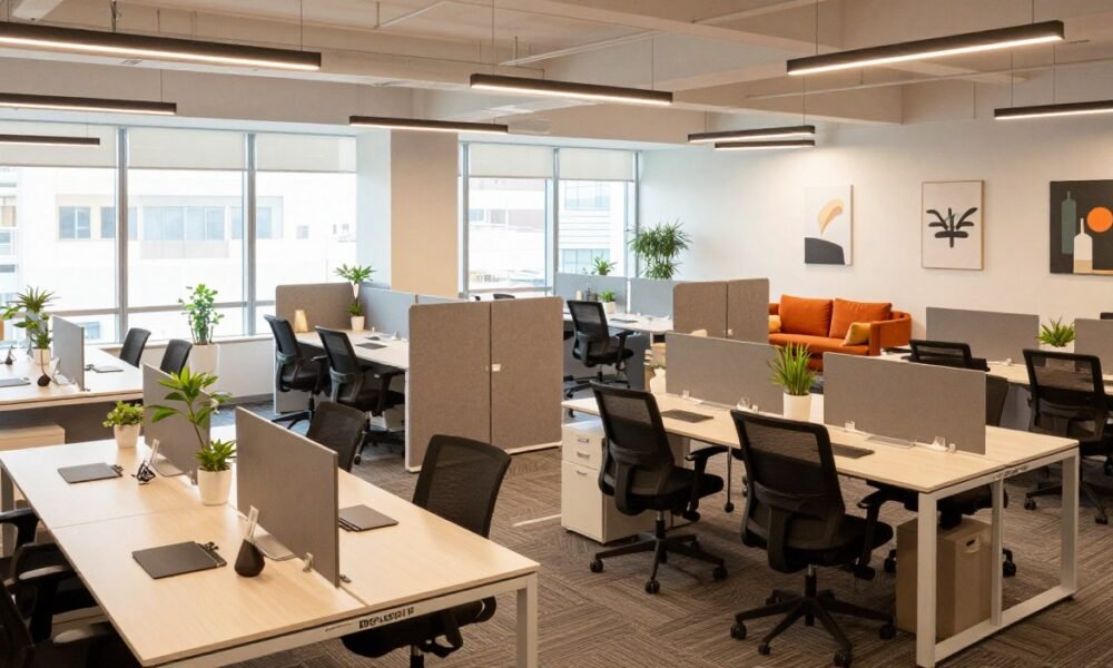 A modern office workspace layout designed for flexibility and focus, featuring ergonomic furniture and an open-plan layout. In the foreground, there are collaborative workstations with sleek desks, comfortable chairs, and plant decor. The middle ground showcases a variety of zones including private pods for concentration, standing desks, and cozy lounge areas with soft textiles. The background includes large windows with natural light flooding the space, and minimalist wall art enhancing creativity. The overall atmosphere is bright and inspiring, promoting productivity and teamwork. Use warm lighting from overhead fixtures to create a welcoming environment. The branding is subtly integrated with "Decoratr" decor elements throughout the interior design.