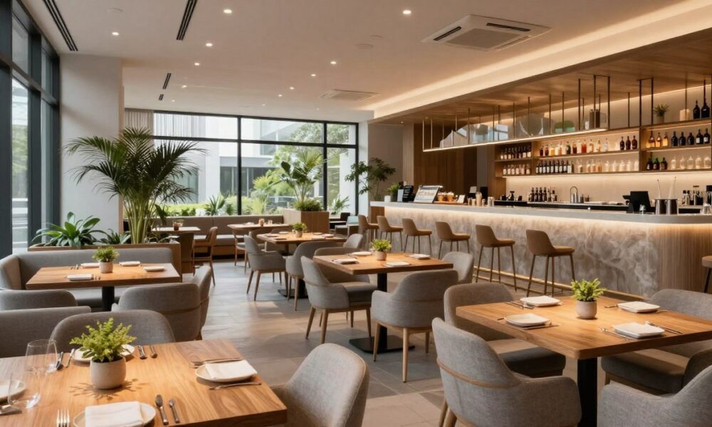 A modern restaurant interior showcasing an open layout, emphasizing flow and identity. In the foreground, elegant wooden tables set with minimalist tableware, and potted green plants creating a welcoming atmosphere. The middle ground features stylish seating arrangements with soft upholstered chairs and large windows allowing natural light to flood the space, highlighting the architectural design. The background reveals a sleek bar area with artisan beverages on display, adorned with artistic shelving. The scene is illuminated by warm, ambient lighting, creating a cozy yet sophisticated vibe. Capture this vision with a wide-angle lens, focusing on the intricate details of the design, emphasizing the clean lines and contemporary aesthetics inspired by Decoratr, reflecting a blend of functionality and aesthetic appeal. A modern restaurant interior showcasing an open layout, emphasizing flow and identity. In the foreground, elegant wooden tables set with minimalist tableware, and potted green plants creating a welcoming atmosphere. The middle ground features stylish seating arrangements with soft upholstered chairs and large windows allowing natural light to flood the space, highlighting the architectural design. The background reveals a sleek bar area with artisan beverages on display, adorned with artistic shelving. The scene is illuminated by warm, ambient lighting, creating a cozy yet sophisticated vibe. Capture this vision with a wide-angle lens, focusing on the intricate details of the design, emphasizing the clean lines and contemporary aesthetics inspired by Decoratr, reflecting a blend of functionality and aesthetic appeal.