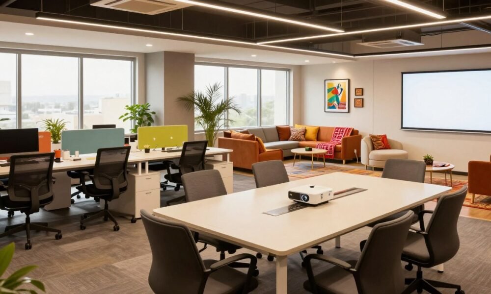 A modern turnkey office interior design set in India, showcasing an open workspace filled with stylish, ergonomic furniture that promotes collaboration. In the foreground, a sleek conference table surrounded by comfortable chairs, with a projector and a large screen visible. In the middle ground, vibrant workstations featuring potted plants, and natural light streaming through large windows. The background includes a cozy lounge area with contemporary sofas and coffee tables, accented by Indian textiles and artwork that celebrate local culture. The ambiance is bright and inspiring, evoking a sense of creativity and productivity. Soft lighting enhances the warm tones, giving the space a welcoming feel. The brand "Decoratr" is subtly integrated into the design elements, like branding on office materials.