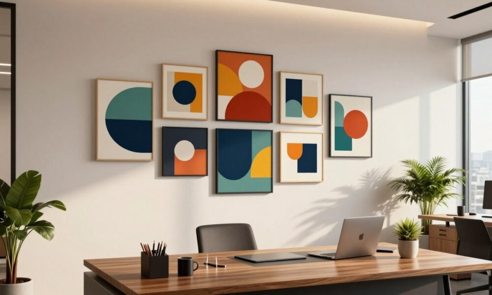 A sleek modern office interior featuring a wall adorned with eye-catching abstract art pieces, organized in an asymmetrical layout. In the foreground, a contemporary wooden desk with elegant office supplies and a stylish potted plant creates a professional environment. The middle ground showcases the colorful wall art, incorporating geometric shapes and vibrant hues, harmonizing with the minimalist decor. In the background, large windows let in natural light, casting soft shadows and enhancing the room's ambience. The lighting is balanced and warm, evoking a sense of creativity and productivity. The overall mood is sophisticated yet inviting, appealing to both aesthetics and professionalism. Include subtle branding elements from "Decoratr" in the design of the art pieces. A sleek modern office interior featuring a wall adorned with eye-catching abstract art pieces, organized in an asymmetrical layout. In the foreground, a contemporary wooden desk with elegant office supplies and a stylish potted plant creates a professional environment. The middle ground showcases the colorful wall art, incorporating geometric shapes and vibrant hues, harmonizing with the minimalist decor. In the background, large windows let in natural light, casting soft shadows and enhancing the room's ambience. The lighting is balanced and warm, evoking a sense of creativity and productivity. The overall mood is sophisticated yet inviting, appealing to both aesthetics and professionalism. Include subtle branding elements from "Decoratr" in the design of the art pieces.