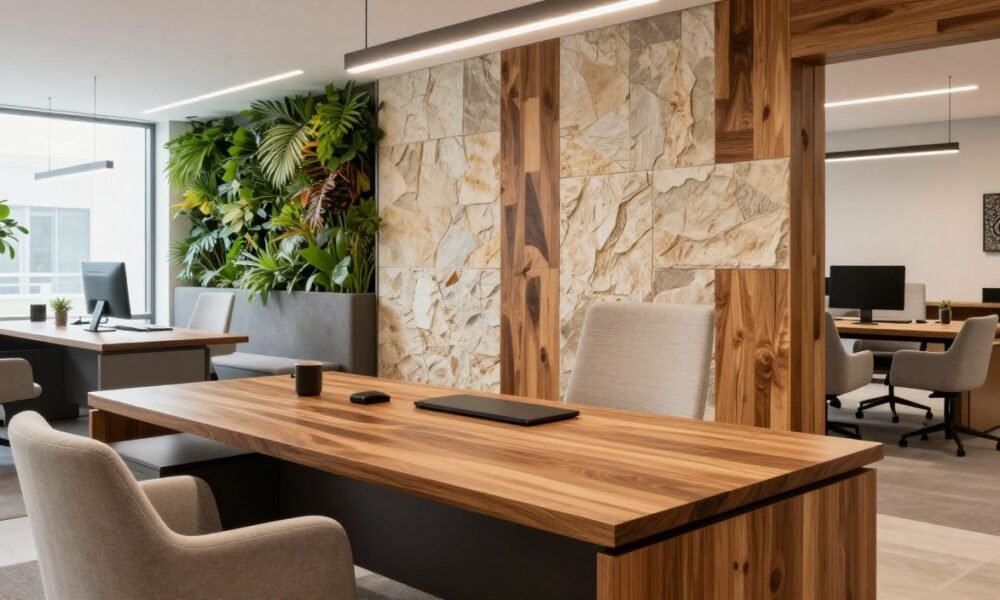A sophisticated IT office interior showcasing a harmonious blend of materials and finishes. In the foreground, a polished wooden desk with a sleek, eco-friendly design, accompanied by a comfortable chair upholstered in soft, sustainable fabric. The middle ground features walls adorned with textured panels made from reclaimed wood and natural stone accents, providing warmth and character. Bright, diffused lighting streams through large windows, highlighting a feature wall of living greenery that enhances the atmosphere. The background reveals a contemporary view of the workspace, with modular furniture made from durable, recycled materials. The entire scene is infused with a professional, serene mood that captures the essence of aesthetics, durability, and sustainability, embodying the spirit of Decoratr.