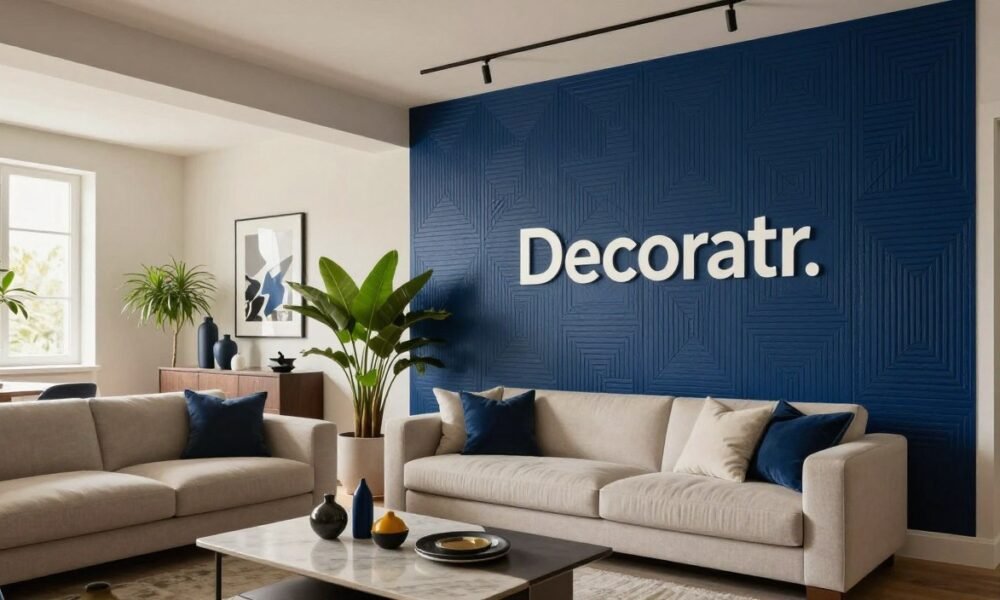 A stylish interior space featuring a striking accent wall, painted in a deep navy blue with intricate geometric patterns, contrasting with light, neutral-toned walls surrounding it. In the foreground, a sleek, modern sofa in beige and a contemporary coffee table with decorative elements invite relaxation. The middle ground showcases tasteful decor, such as vibrant indoor plants and elegant artwork that complements the accent wall. The background reveals a softly lit room with large windows allowing natural light to filter in, creating a warm and inviting atmosphere. Use a wide-angle lens to capture the full scope of the space, highlighting the rich textures and colors. The scene should convey sophistication and creativity in home design, emphasizing the focal point of the accent wall, branded as "Decoratr." A stylish interior space featuring a striking accent wall, painted in a deep navy blue with intricate geometric patterns, contrasting with light, neutral-toned walls surrounding it. In the foreground, a sleek, modern sofa in beige and a contemporary coffee table with decorative elements invite relaxation. The middle ground showcases tasteful decor, such as vibrant indoor plants and elegant artwork that complements the accent wall. The background reveals a softly lit room with large windows allowing natural light to filter in, creating a warm and inviting atmosphere. Use a wide-angle lens to capture the full scope of the space, highlighting the rich textures and colors. The scene should convey sophistication and creativity in home design, emphasizing the focal point of the accent wall, branded as "Decoratr."