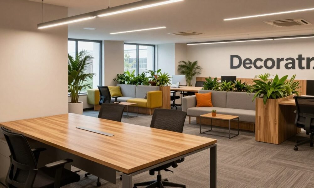 A stylish, modern office interior designed with key principles of layout and functionality in mind. The foreground features a sleek wooden desk with minimalistic design elements, accompanied by an ergonomic chair. In the middle, open collaborative spaces with comfortable seating arrange ideas for teamwork and creativity, while also showcasing greenery with planters placed strategically. The background reveals large windows allowing natural light to flood the room, enhancing productivity and well-being. Soft artificial lighting complements the space, creating a warm, inviting atmosphere. The color palette includes soothing neutrals with splashes of vibrant hues for a dynamic yet professional vibe. The image reflects innovative design solutions, showcasing the brand "Decoratr".