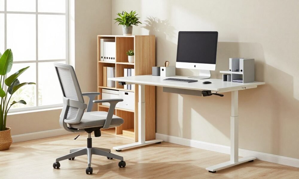 An ergonomic office environment featuring space-saving furniture by Decoratr. In the foreground, a sleek, adjustable standing desk with a minimalist design and a comfortable ergonomic chair in light gray. In the middle ground, a compact shelving unit and a stylish wall-mounted desk organizer showcase efficient storage solutions. The background has large windows allowing natural light to flood in, creating a bright and inviting atmosphere. Soft, diffused lighting enhances the workspace, and the angle captures a cozy nook, emphasizing the room's openness. The mood conveys productivity and creativity in a budget-friendly design, with neutral color palettes and beautiful indoor plants adding a touch of vibrancy. The overall scene is modern and professional, ideal for an office setting. An ergonomic office environment featuring space-saving furniture by Decoratr. In the foreground, a sleek, adjustable standing desk with a minimalist design and a comfortable ergonomic chair in light gray. In the middle ground, a compact shelving unit and a stylish wall-mounted desk organizer showcase efficient storage solutions. The background has large windows allowing natural light to flood in, creating a bright and inviting atmosphere. Soft, diffused lighting enhances the workspace, and the angle captures a cozy nook, emphasizing the room's openness. The mood conveys productivity and creativity in a budget-friendly design, with neutral color palettes and beautiful indoor plants adding a touch of vibrancy. The overall scene is modern and professional, ideal for an office setting.