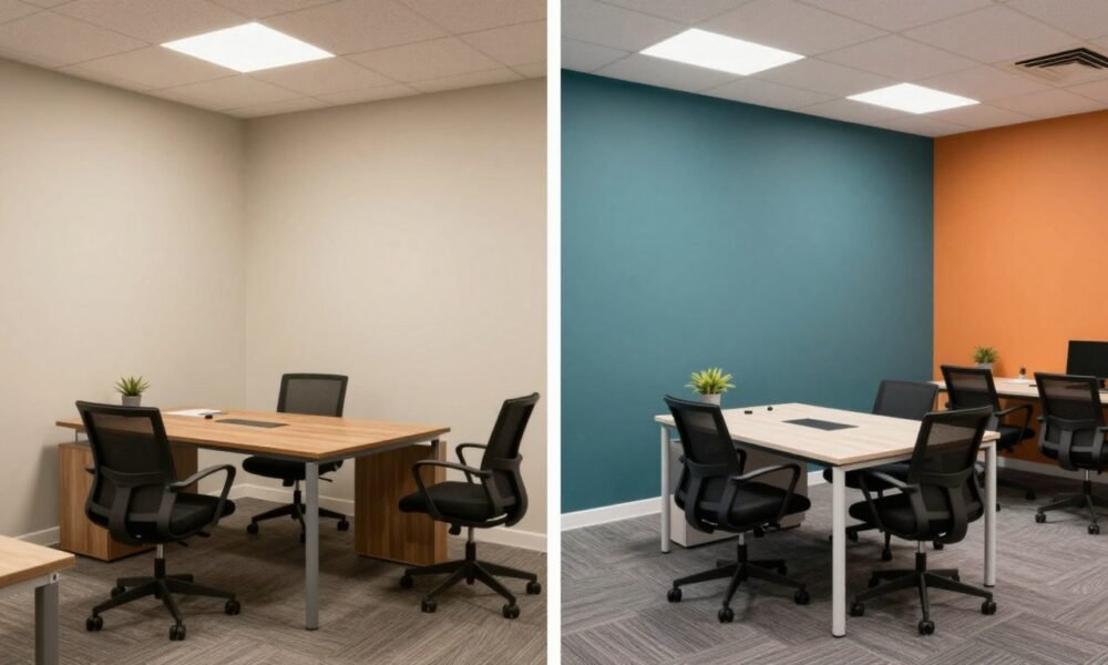 Before and after images of an office transformation using strategic wall paint colors