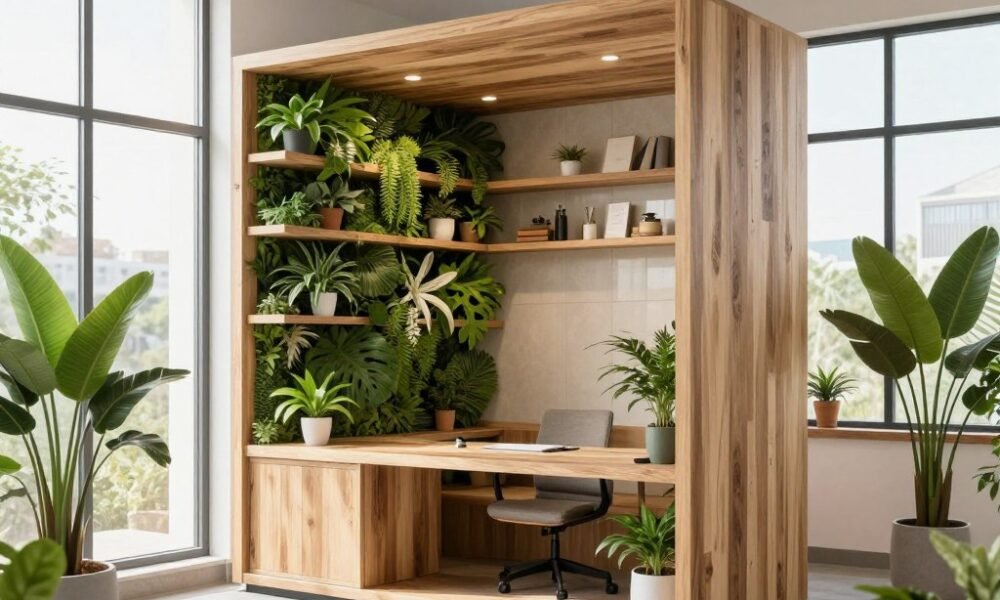 Biophilic office cabin with living wall, wooden elements, and natural light