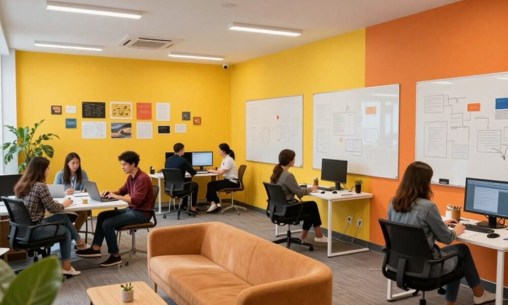Collaborative office space with energizing yellow and orange accent walls