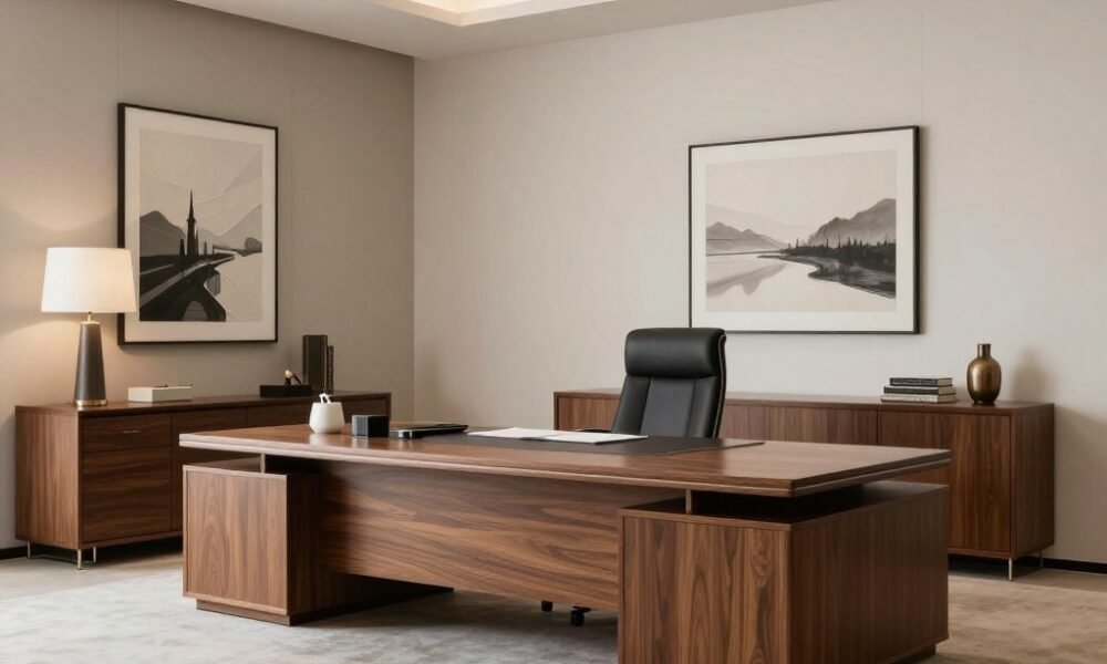 Executive office with sophisticated neutral wall colors and accent furniture