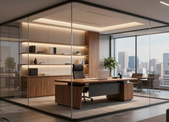Modern office cabin design with glass walls, wooden desk, and ergonomic chair with city view