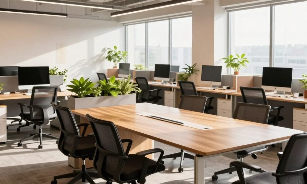 Modern office space solutions featuring a functional and innovative layout design tailored for Indian workplaces. The foreground showcases a sleek wooden conference table surrounded by ergonomic chairs in a bright, airy room. In the middle ground, various workstations equipped with modern computers and greenery in planters bring a touch of nature indoors. The background includes large windows that let in ample natural light, creating a warm atmosphere with soft shadows. The overall color palette consists of neutral tones accented by pops of vibrant colors, enhancing creativity. The lighting is bright and inviting, capturing a professional yet relaxed mood. The image embodies a contemporary office design by Decoratr, reflecting efficiency and modern aesthetics without any text or distractions. Modern office space solutions featuring a functional and innovative layout design tailored for Indian workplaces. The foreground showcases a sleek wooden conference table surrounded by ergonomic chairs in a bright, airy room. In the middle ground, various workstations equipped with modern computers and greenery in planters bring a touch of nature indoors. The background includes large windows that let in ample natural light, creating a warm atmosphere with soft shadows. The overall color palette consists of neutral tones accented by pops of vibrant colors, enhancing creativity. The lighting is bright and inviting, capturing a professional yet relaxed mood. The image embodies a contemporary office design by Decoratr, reflecting efficiency and modern aesthetics without any text or distractions.