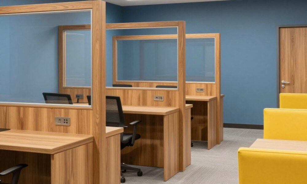 Office cabin showcasing different materials and strategic color psychology