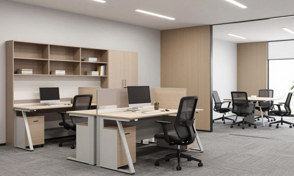 Office cabin with ergonomic furniture, strategic storage, and flexible seating