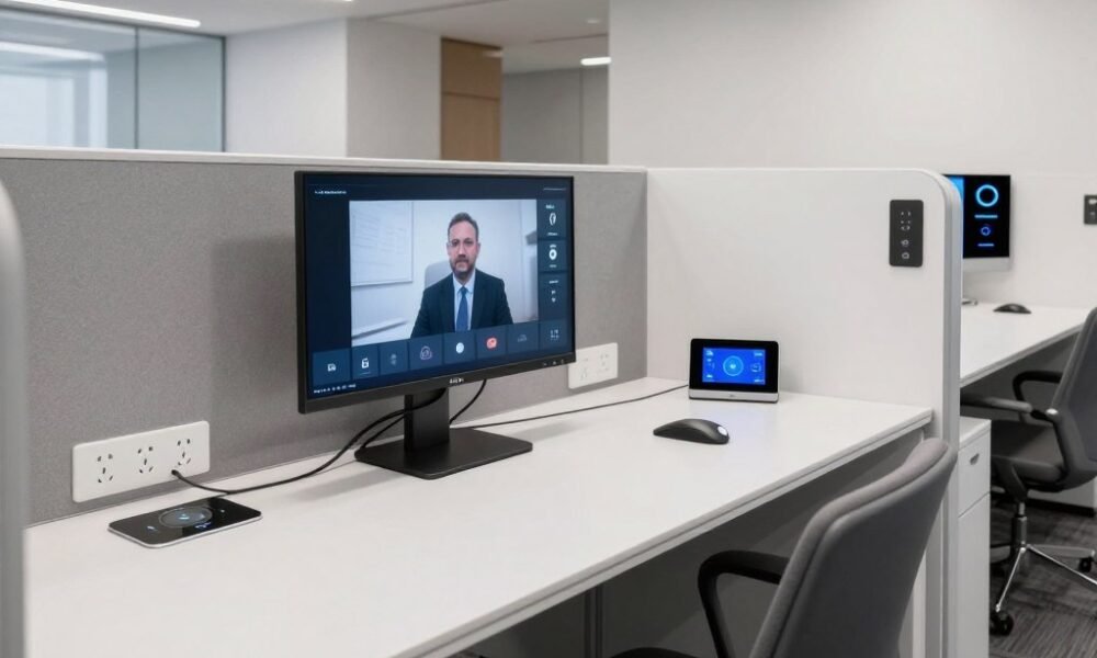 Office cabin with seamlessly integrated technology and connectivity solutions