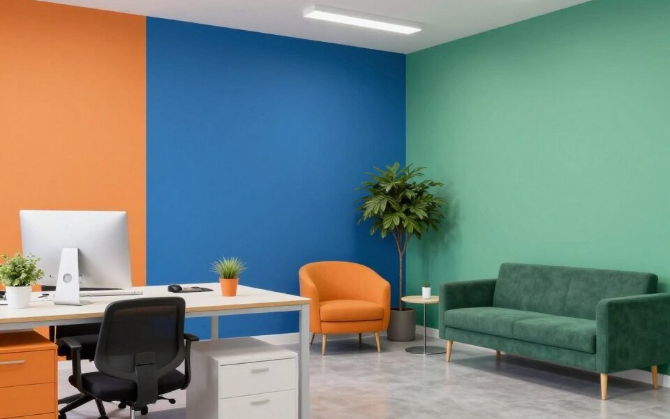 Office space demonstrating effective color combinations with complementary and analogous schemes