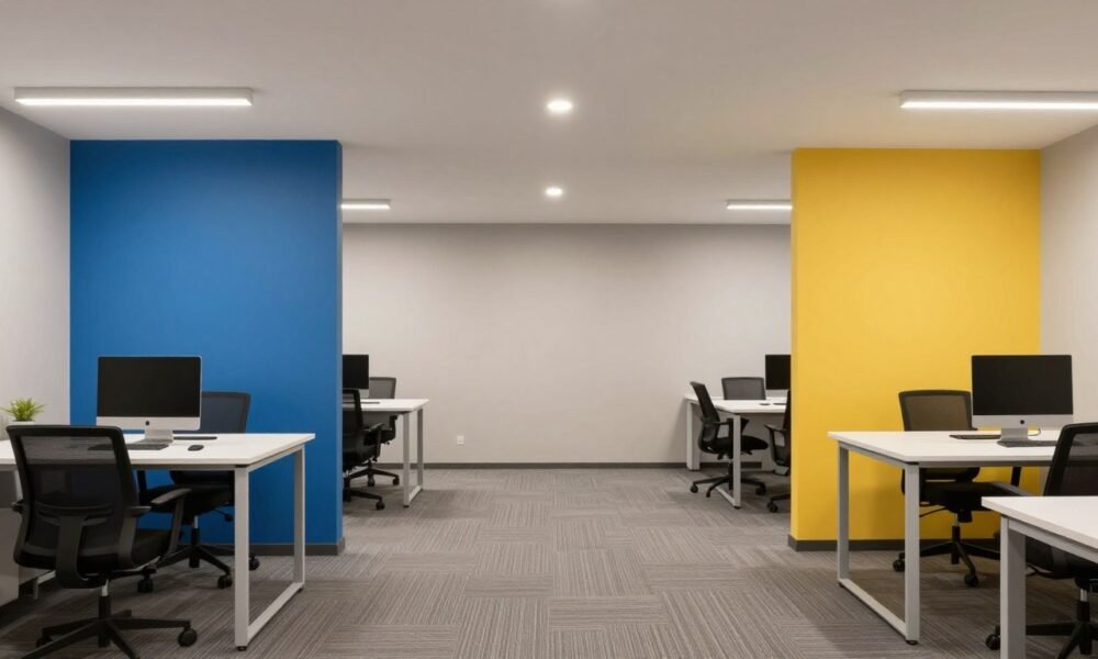Office with strategic accent walls in different colors defining various work zones