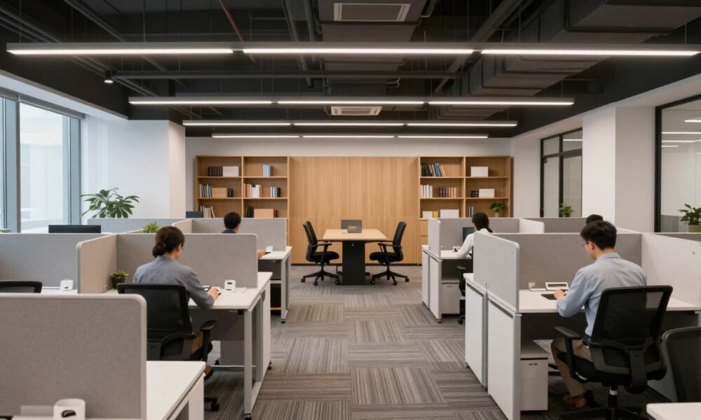 Shared office cabin with multiple workstations and collaborative areas