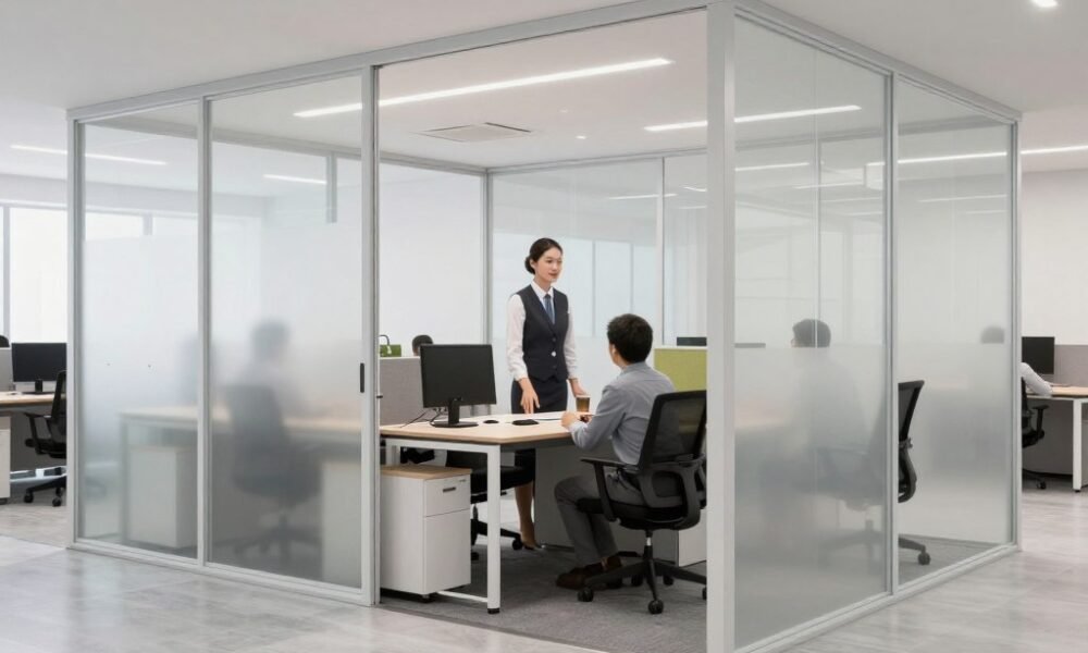 Team leader cabin with semi-transparent design and space for small meetings