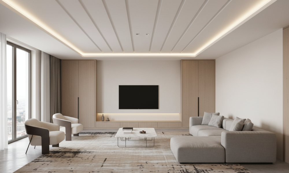 Contemporary living room with minimalist POP false ceiling and hidden lighting