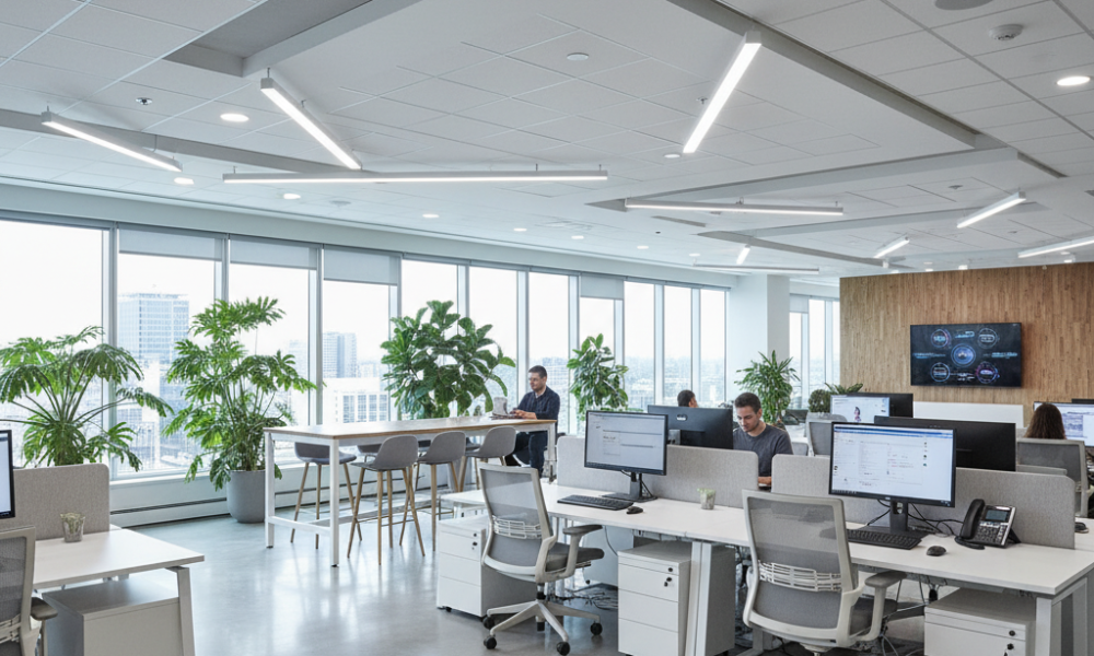 Cool white LED lighting in office POP ceiling