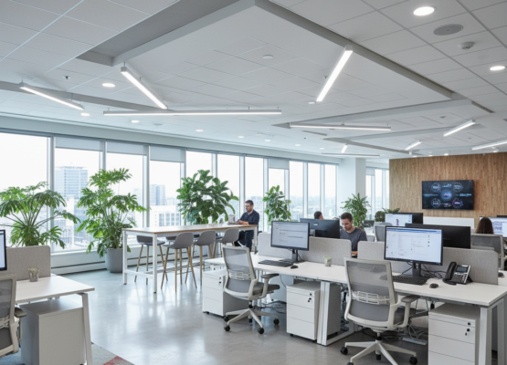 POP False Ceiling Designs-Cool white LED lighting in office POP ceiling