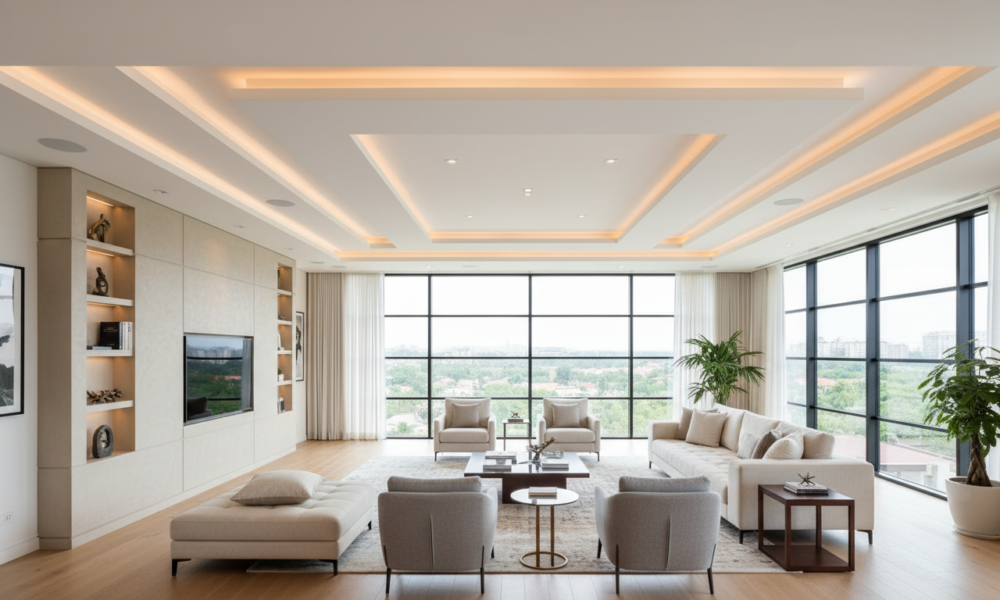 Elegant POP false ceiling design in spacious living room with modern furniture
