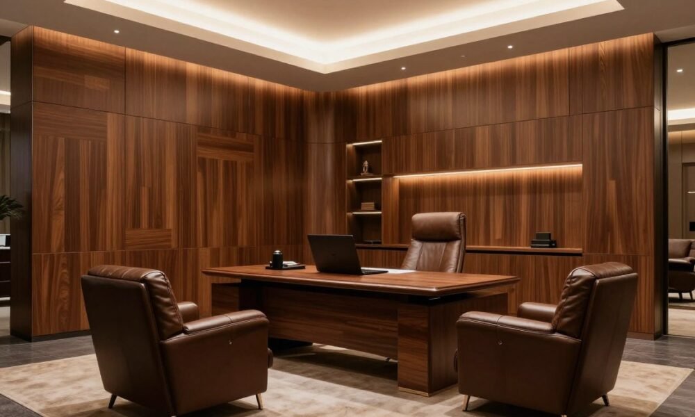 Luxurious executive office with natural wood wall panels