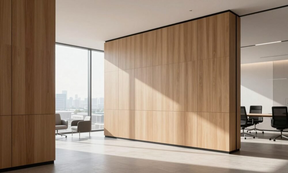 Modern office interior featuring elegant wall panels with natural lighting
