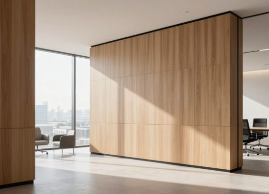 Modern office interior featuring elegant wall panels with natural lighting
