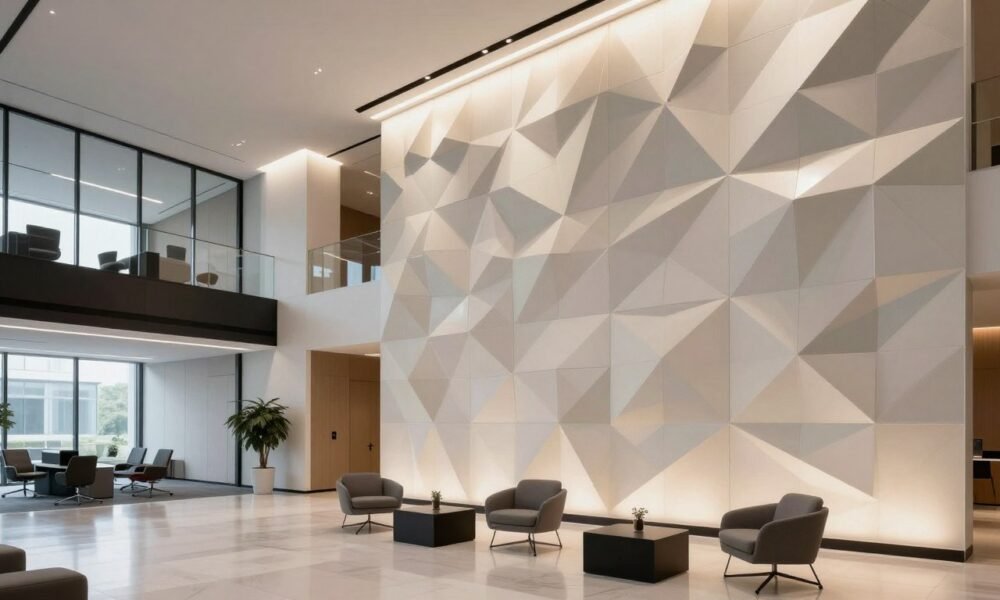 Modern office lobby with 3D geometric wall panels creating visual interest
