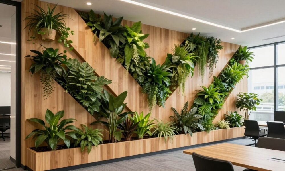 Modern office with biophilic wall panels featuring integrated greenery