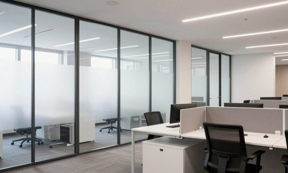Modern office with glass wall panels creating open yet defined spaces