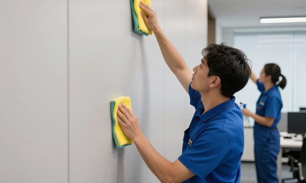 Office maintenance staff cleaning wall panels professionally