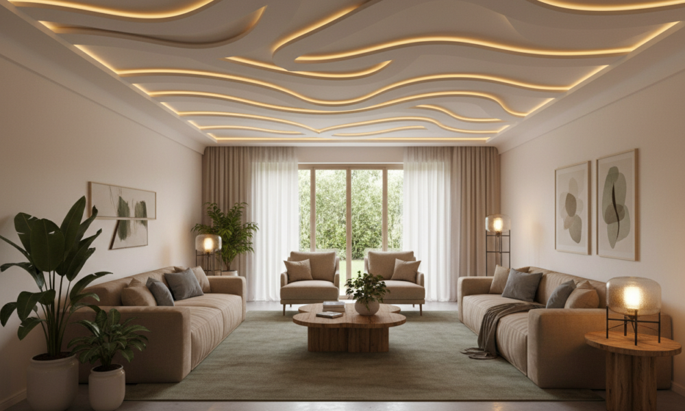 Organic curved POP false ceiling design with flowing lines