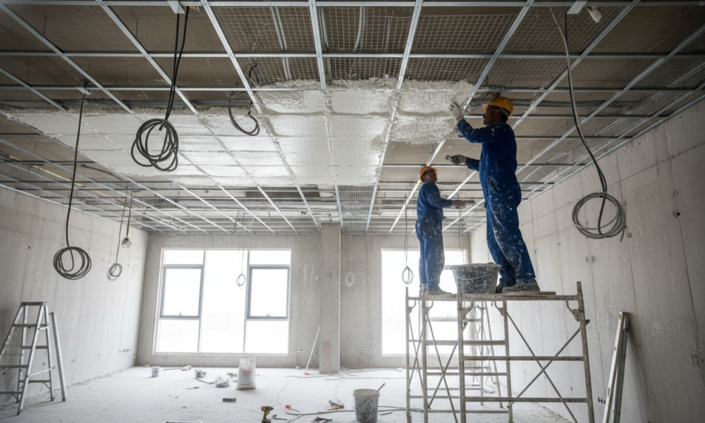 POP false ceiling installation process showing framework and application