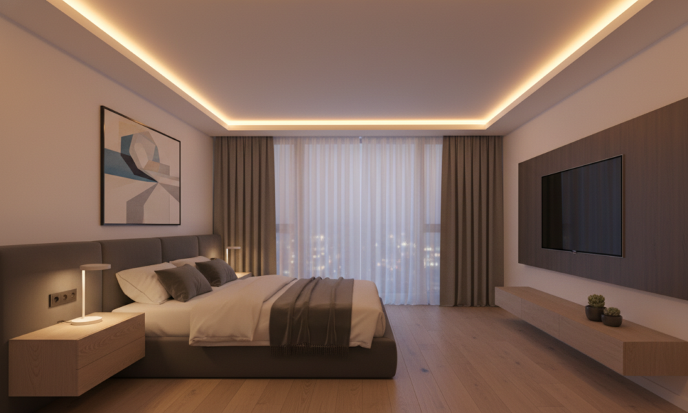 POP False Ceiling Designs with integrated LED cove lighting creating ambient atmosphere