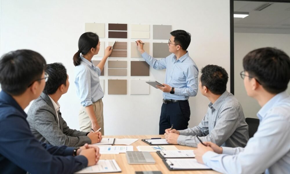 Professional design team consulting on office wall panel project