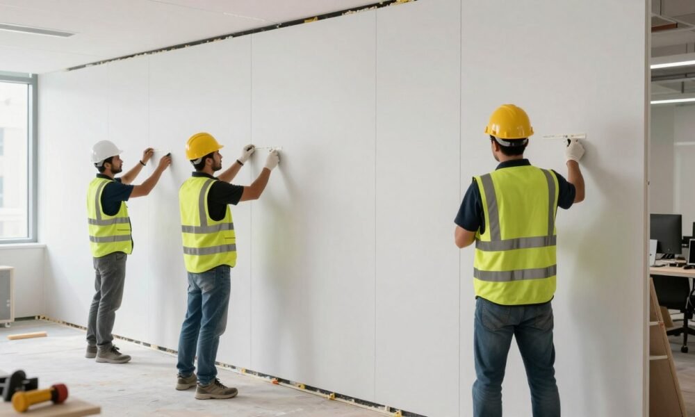 Professional installers working on office wall panel installation