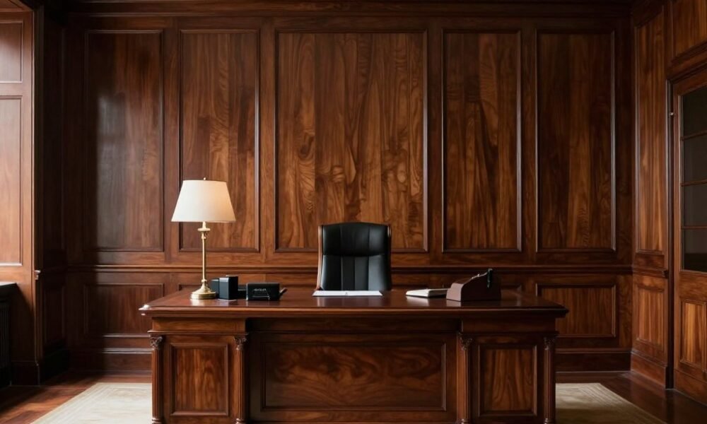 Traditional office interior with elegant wainscoting wall panels